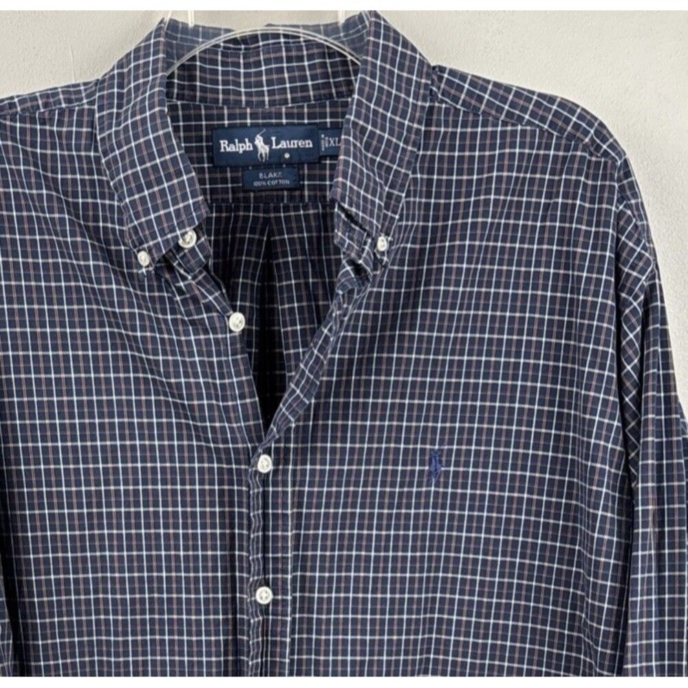 Ralph Lauren Men XL Shirt Blue Cross Check button long sleeve Navy Pony Cotton